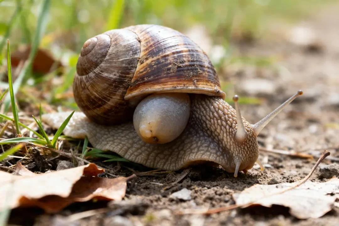 Gros plan sur un escargot enceinte rampant sur sol terreux avec feuilles mortes