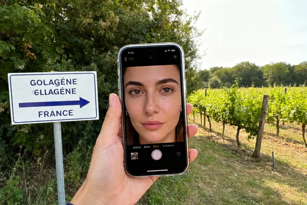 Téléphone affichant visage féminin illustrant fils de soie au collagène avant après vignoble français.