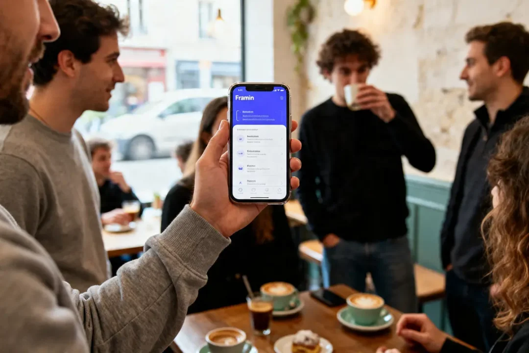 Personne montrant l'application mobile Franim dans un café animé avec des amis autour d'un café