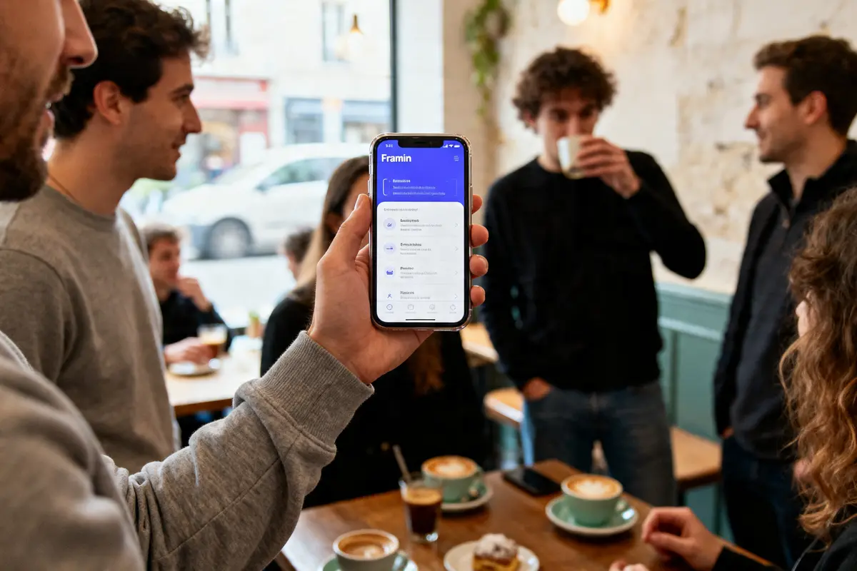 Personne montrant l'application mobile Franim dans un café animé avec des amis autour d'un café