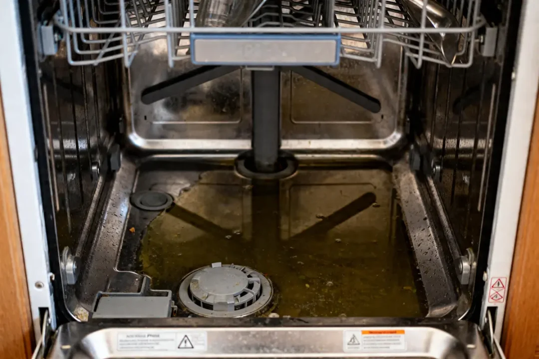 Intérieur d’un lave vaisselle bouché avec de l'eau stagnante et résidus alimentaires