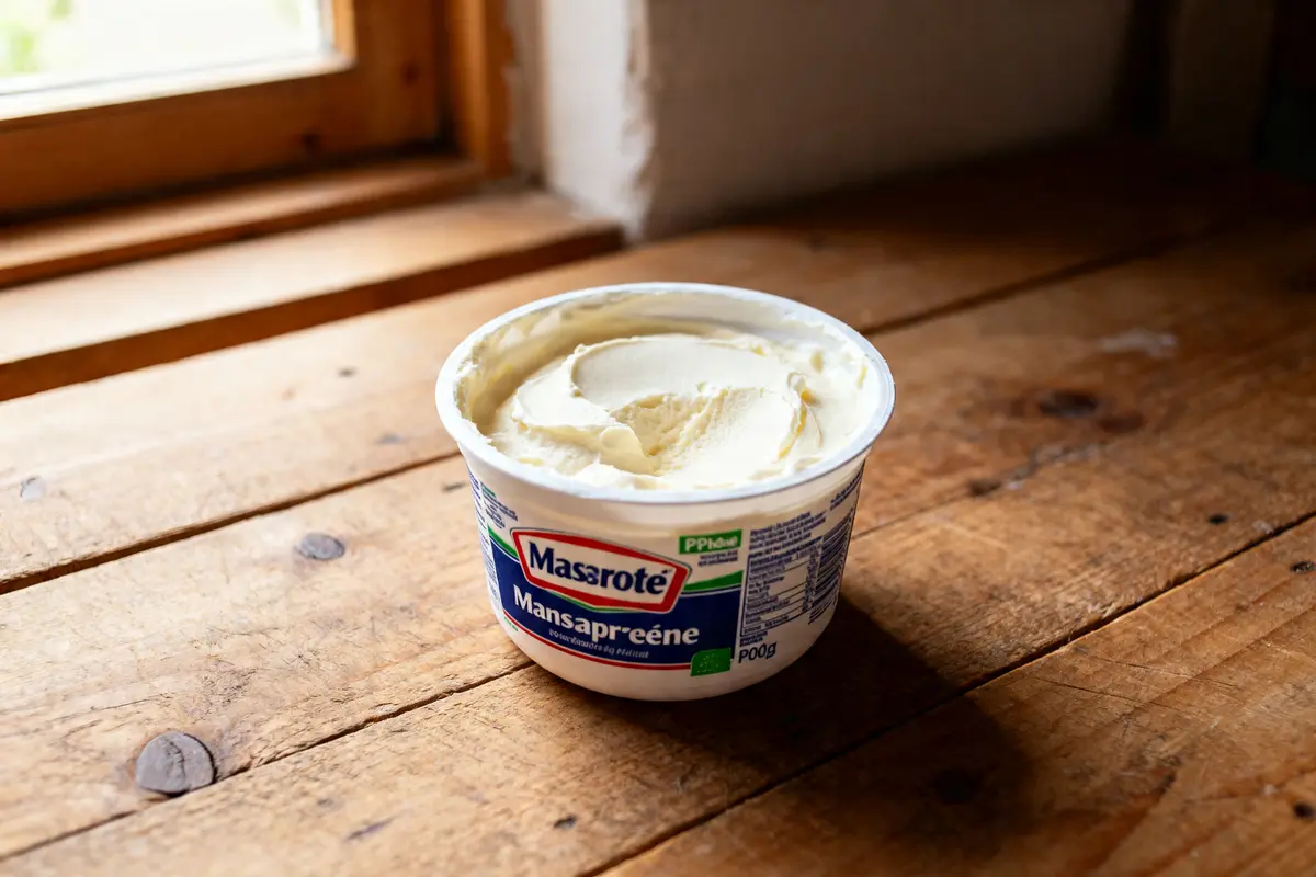 Pot de mascarpone sur table en bois idéal pour mascarpone enceinte repas