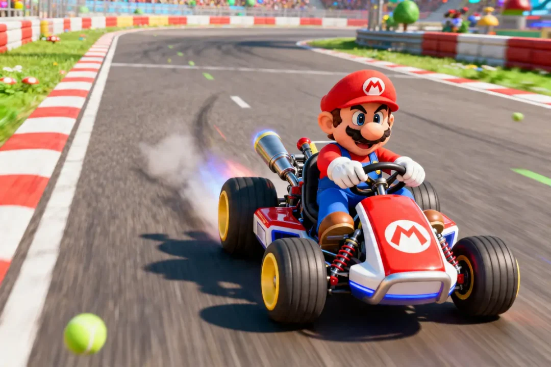 Mario karting avec la meilleure combinaison à Mario Kart 8 sur circuit coloré