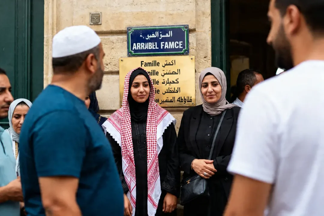 Groupe de personnes devant une plaque avec des noms de familles arabes en extérieur