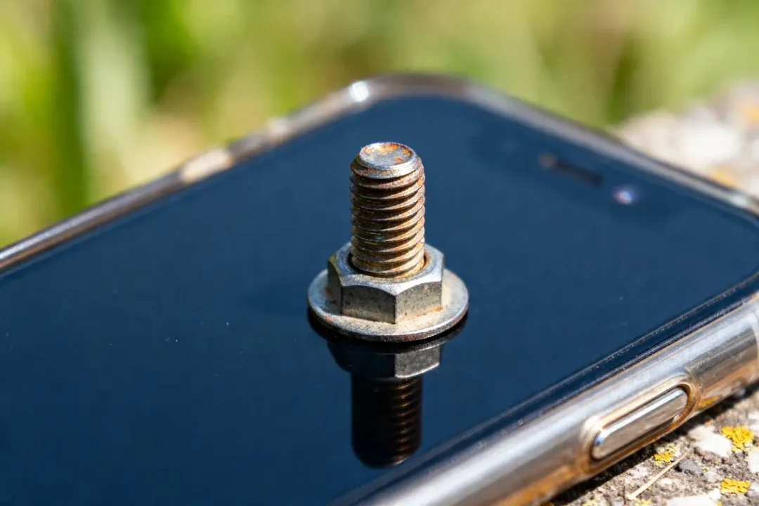 Écrou rouillé sur écran de smartphone avec pas de vis foiré en extérieur
