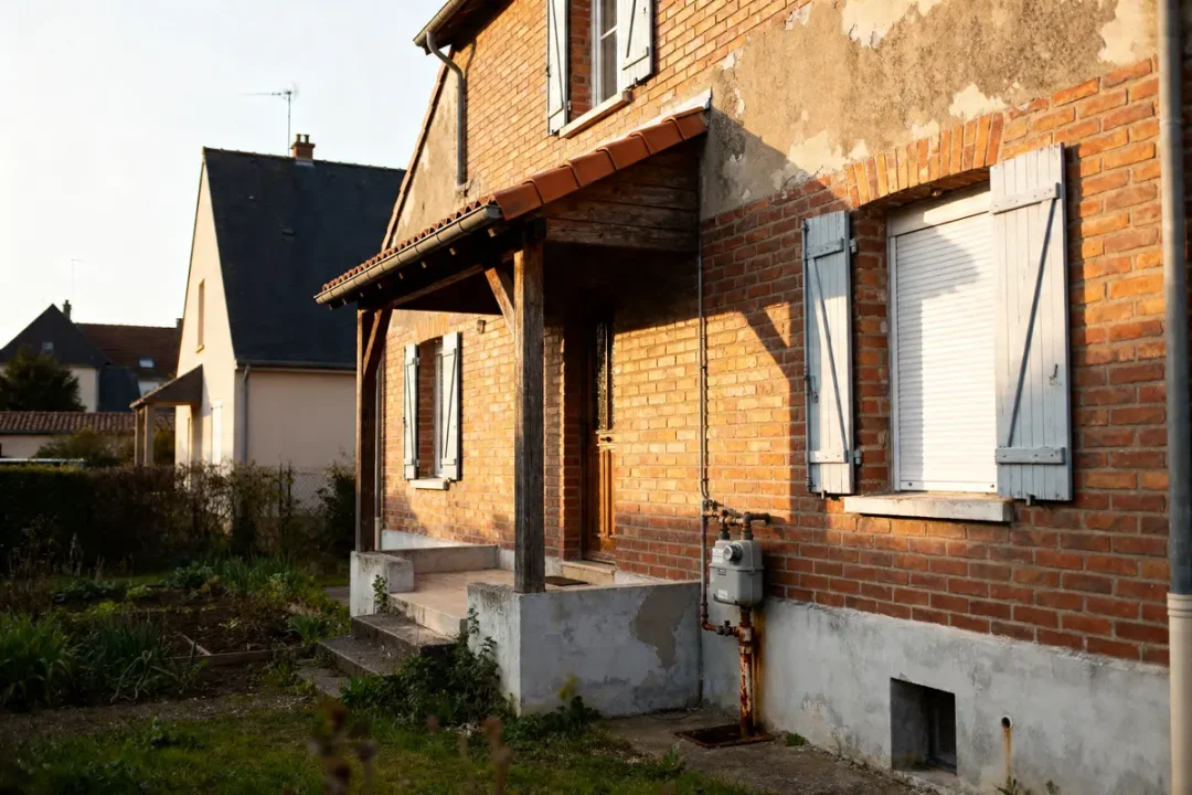 Façade de maison en briques éclairée par le soleil évoquant prix maison 100m2 clé en main
