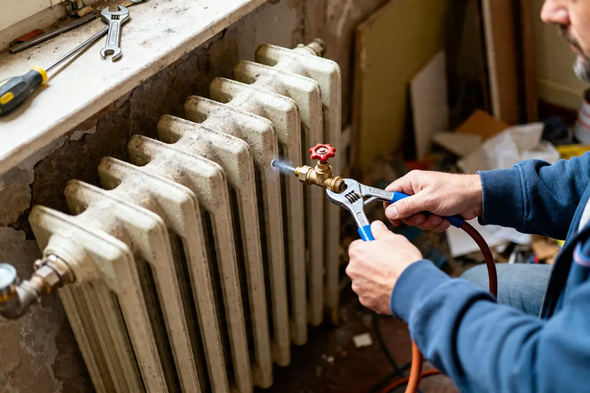 Technicien utilisant une clé pour purger radiateur fonte dans un environnement de bricolage