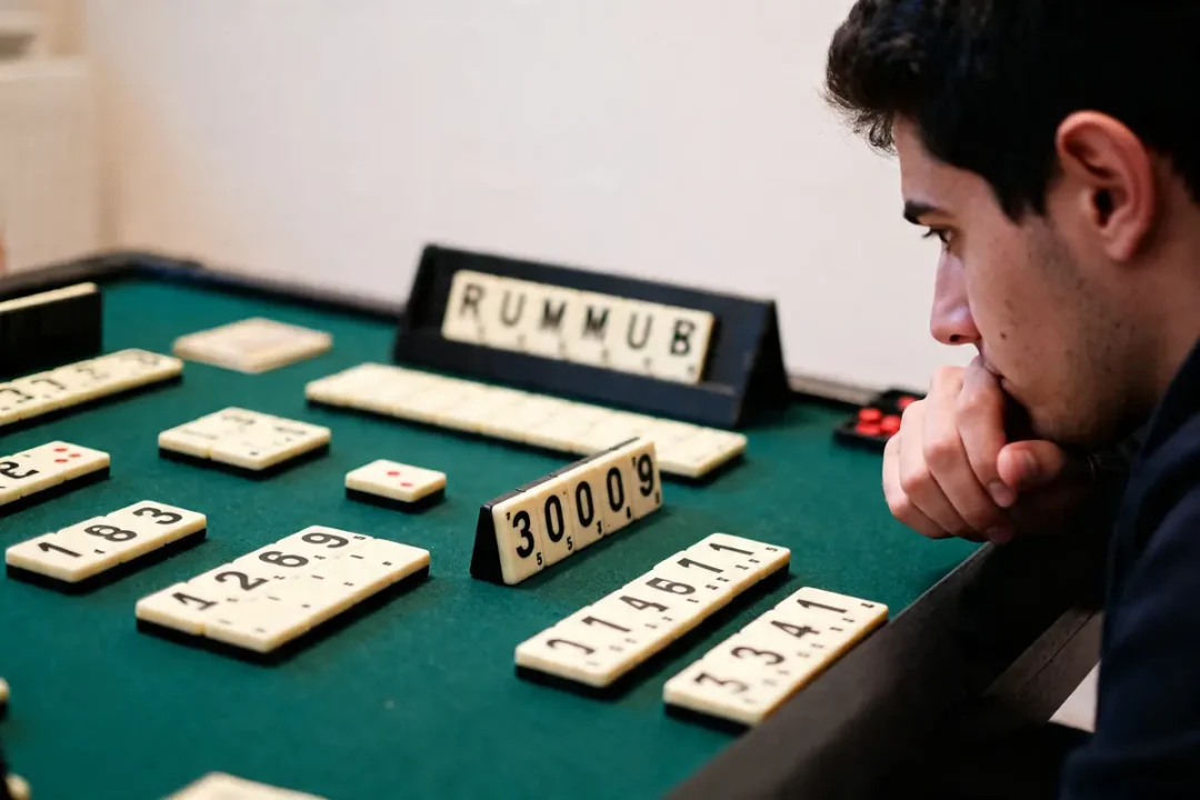 Homme réfléchissant devant tuiles de jeu Rummikub sur table selon règlement du Rummikub