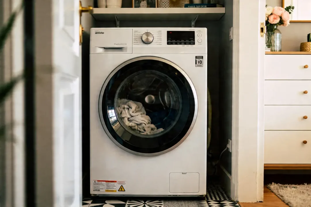 Sèche-linge pompe à chaleur inconvénient dans une buanderie moderne avec porte ouverte