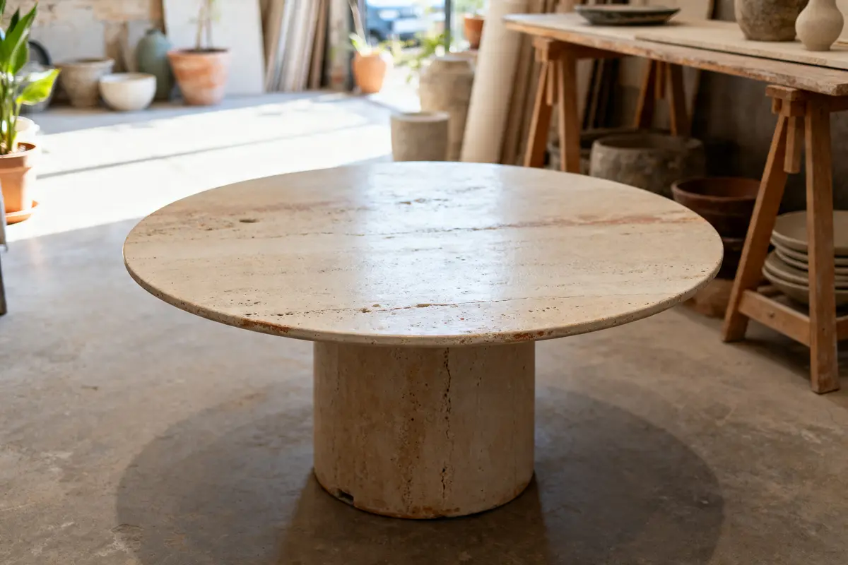 Table céramique ronde dans un atelier lumineux table céramique inconvénient robustesse limitée