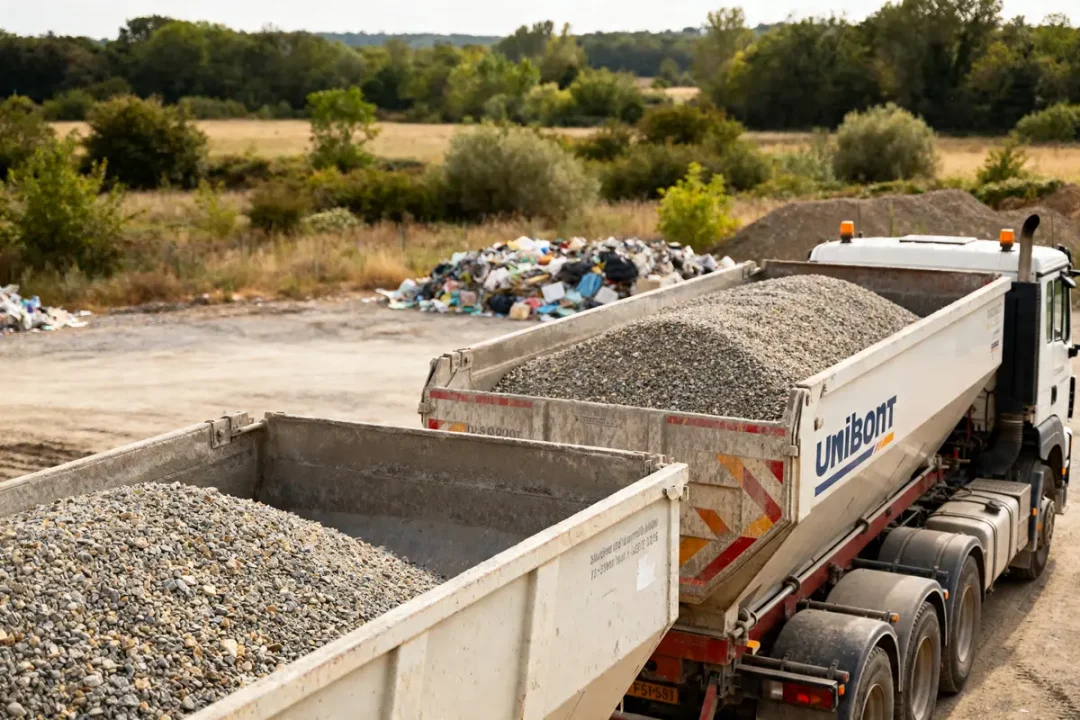Camion Unibéton transportant des graviers sur chantier entouré de déchets et verdure.