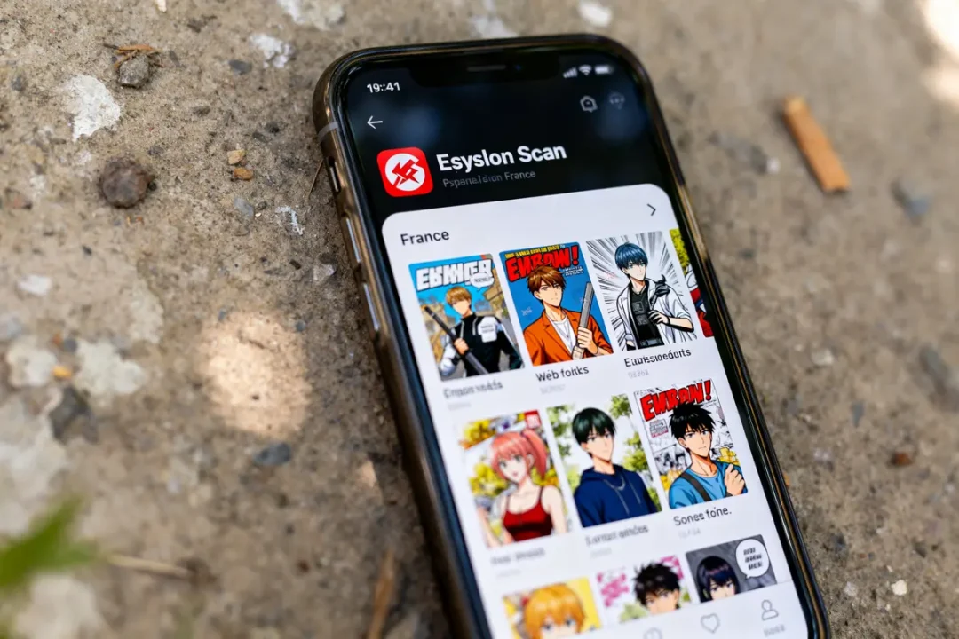 Smartphone affichant l'application Epsilon Scan montrant des mangas sur un écran en plein air