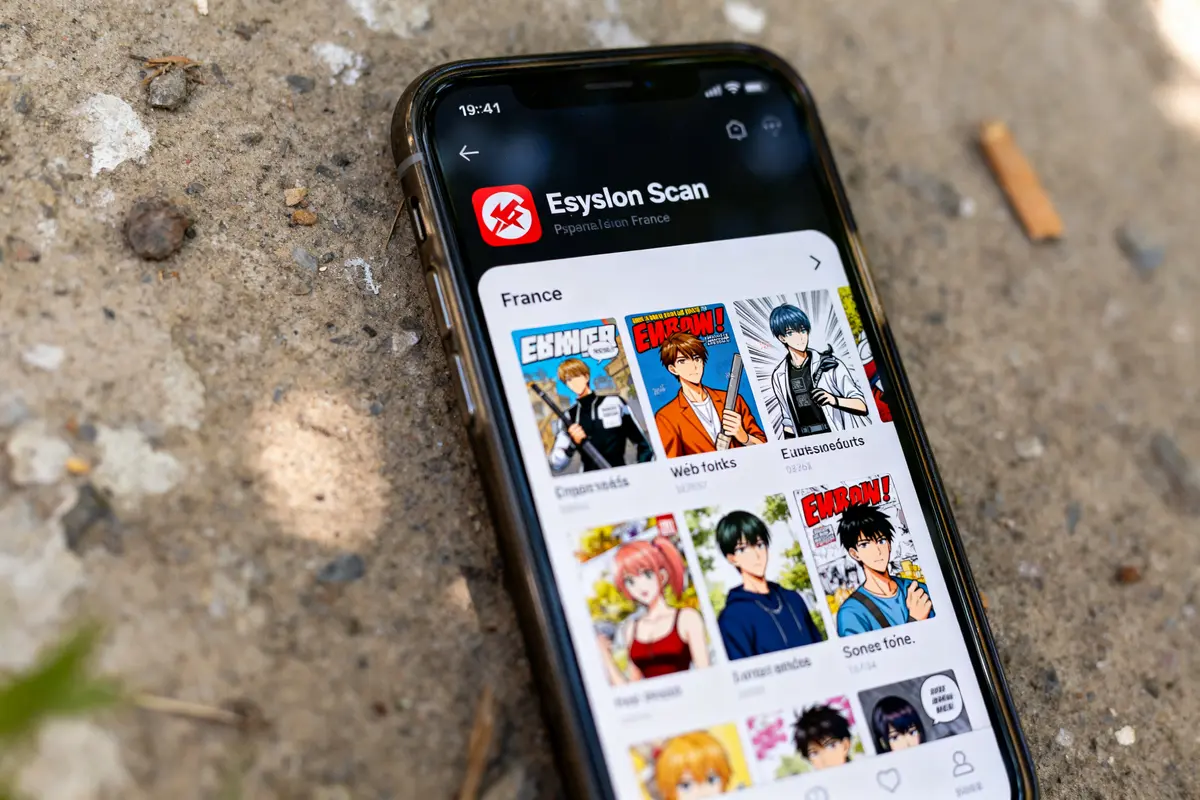 Smartphone affichant l'application Epsilon Scan montrant des mangas sur un écran en plein air
