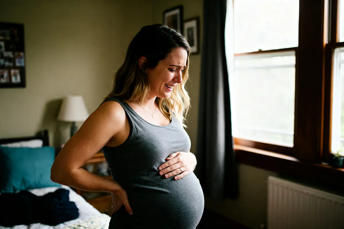 Je ne sais pas qui est sur l'image, mais voici un exemple pour le texte alternatif : Femme avec un ventre rond, évoquant Katrina Patchett enceinte souriant près de la fenêtre