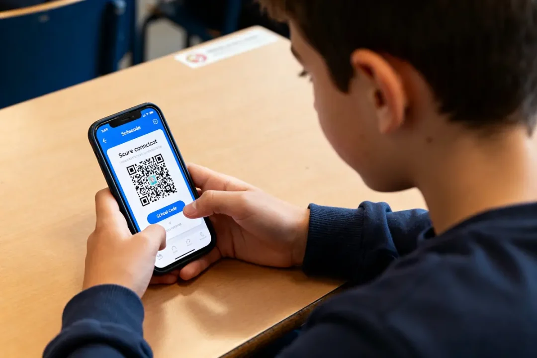 Jeune Lalilo student scannant un code QR sur smartphone en classe