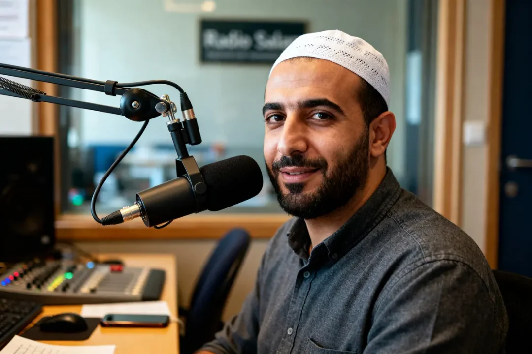 Animateur souriant parlant au micro de Radio Salam direct dans un studio professionnel