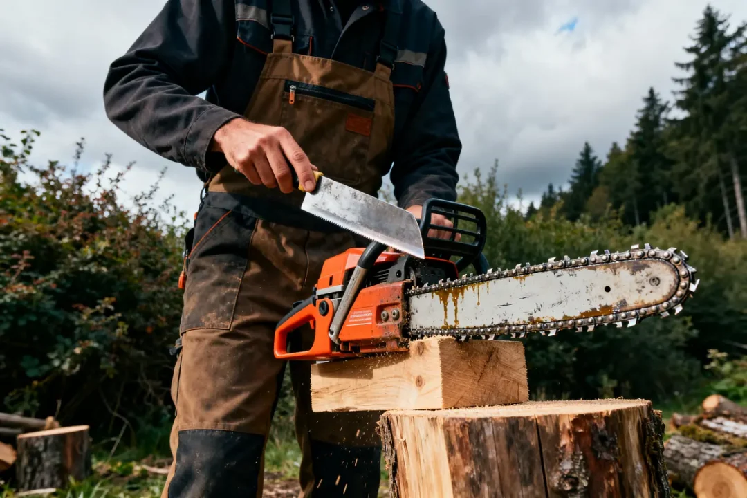 Personne effectuant l'affutage chaine tronçonneuse avec une lime sur une bûche en forêt