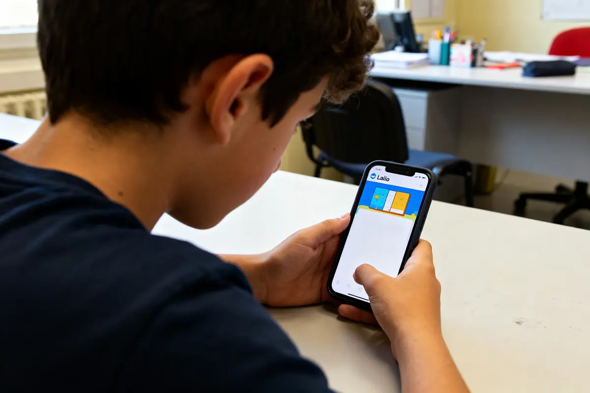 Garçon utilisant l'application éducative app Lalilo com sur smartphone en classe
