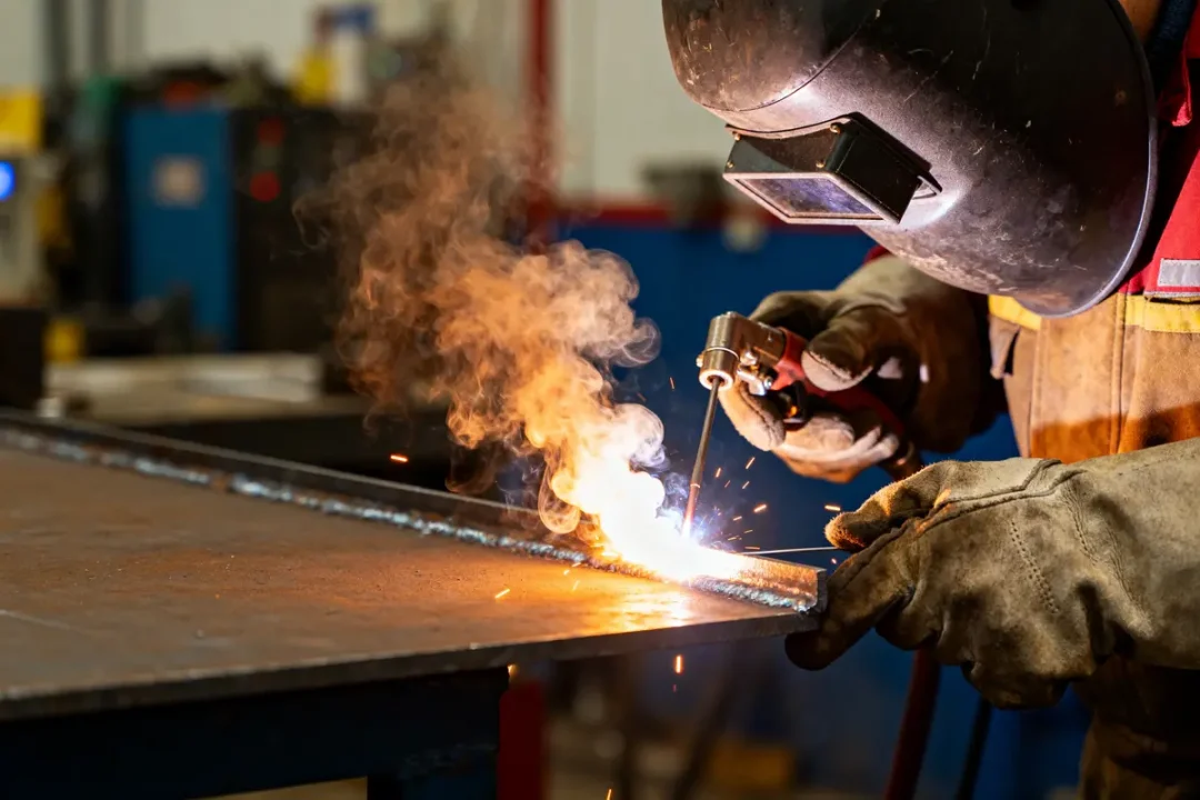 Soudeur en action utilisant un arc à souder pour assembler des plaques métalliques