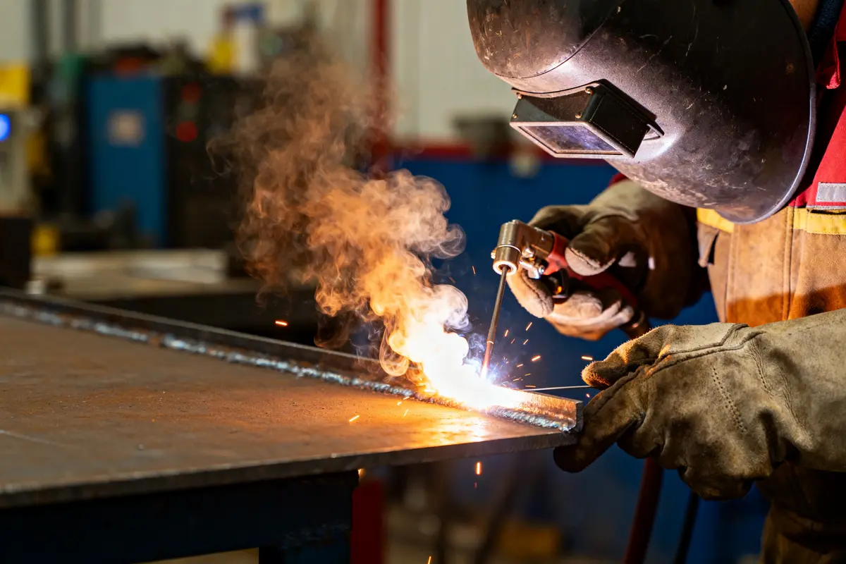 Soudeur en action utilisant un arc à souder pour assembler des plaques métalliques