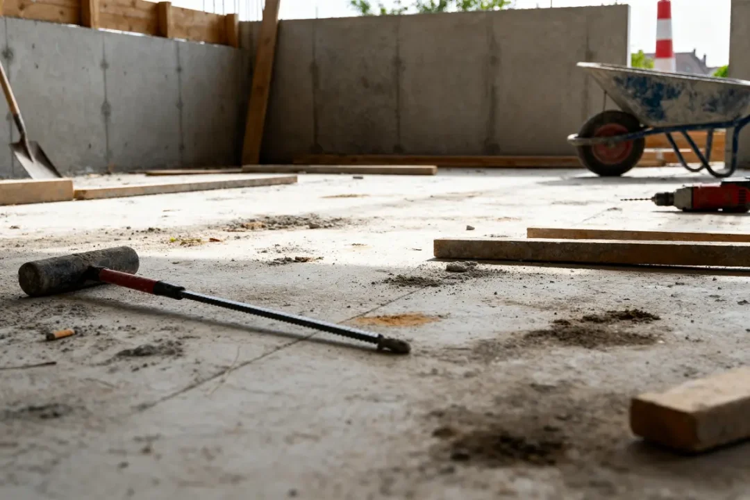 Sol de chantier en préparation pour béton désactivé prix du m2 avec outils et brouette