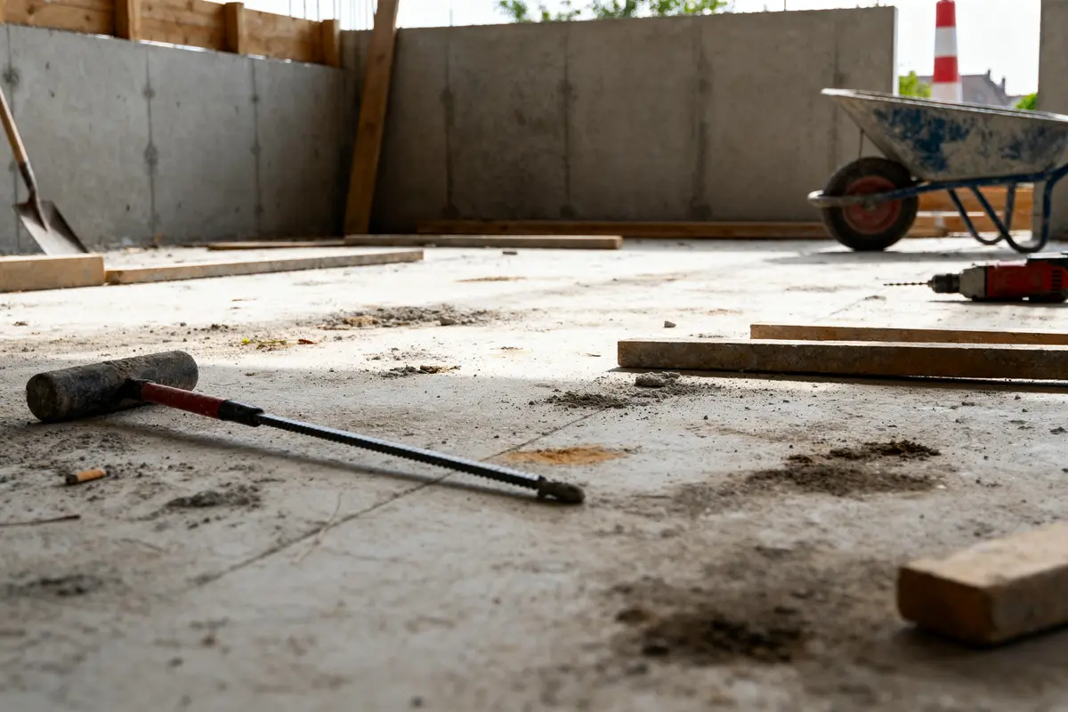 Sol de chantier en préparation pour béton désactivé prix du m2 avec outils et brouette
