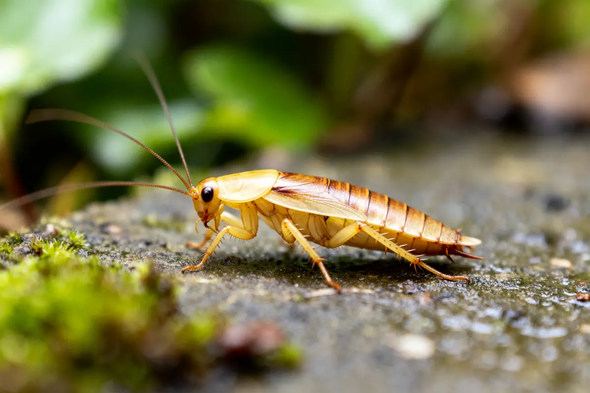 Blatte des jardins se déplaçant sur un sol humide entouré de végétation verte