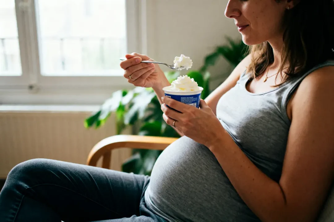 Femme enceinte dégustant chantilly dans un pot en intérieur près d'une fenêtre