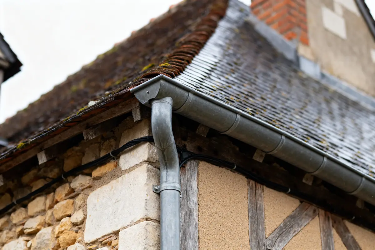 Chéneau toiture en zinc sur toit en tuile d’une maison en pierre ancienne