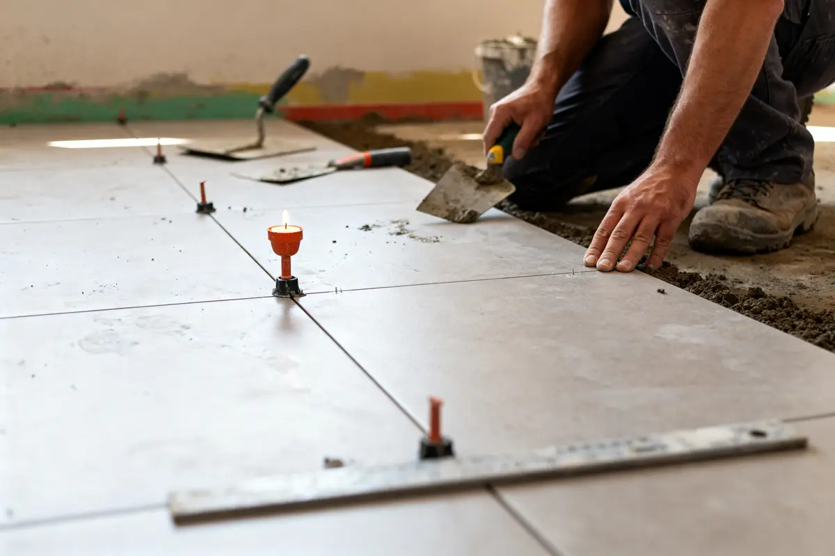 Ouvrier posant du carrelage avec outils précis dalais-carreleur reussir sa renovation au sol