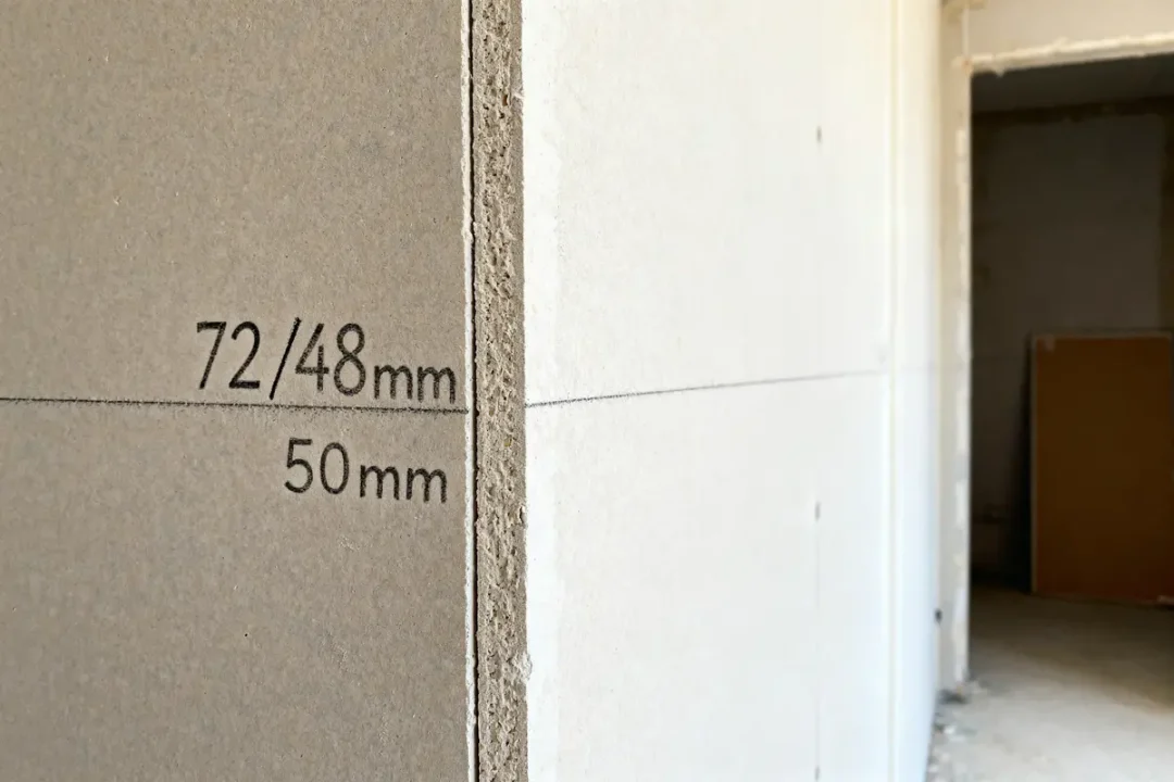 Épaisseur cloison placo mesurant 72/48mm et 50mm dans un intérieur en construction