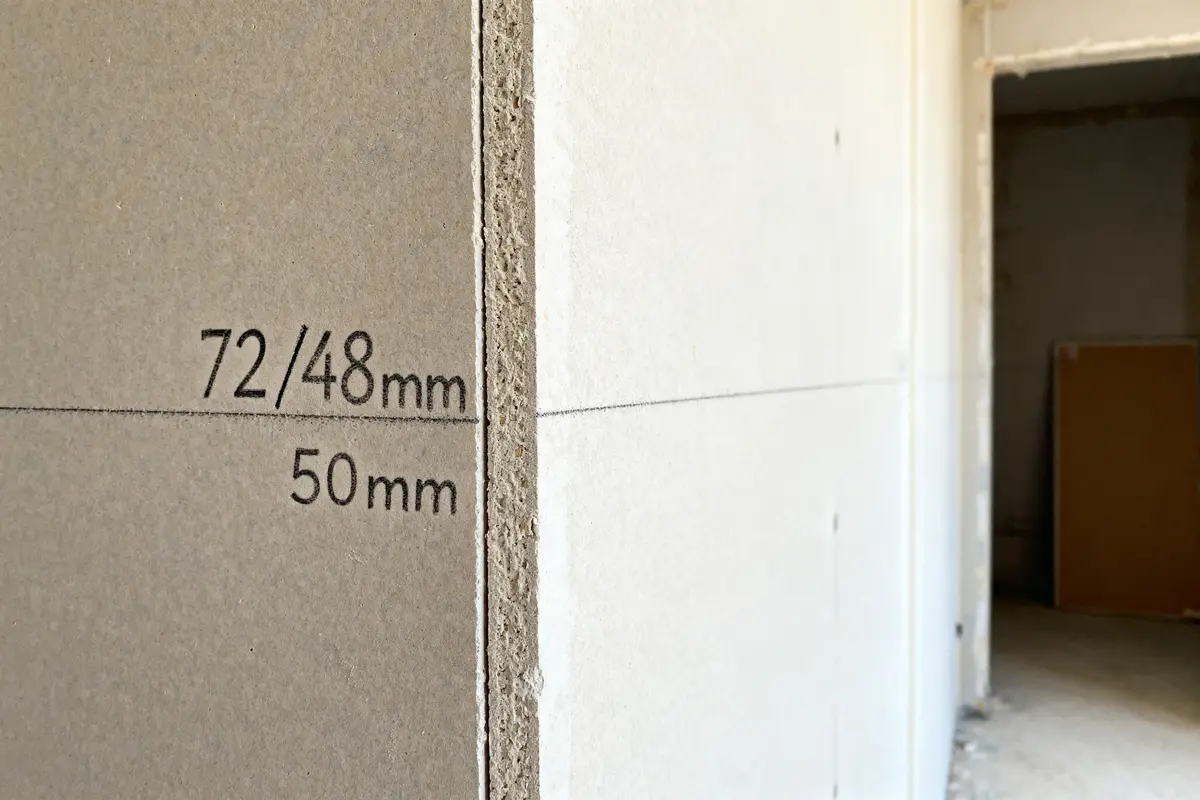 Épaisseur cloison placo mesurant 72/48mm et 50mm dans un intérieur en construction