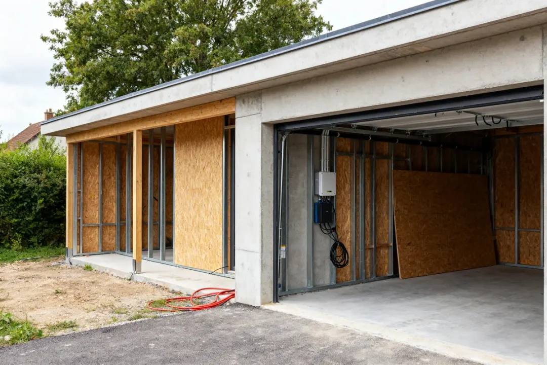 Structure en construction pour une extension garage avec murs partiellement installés et câblage visible