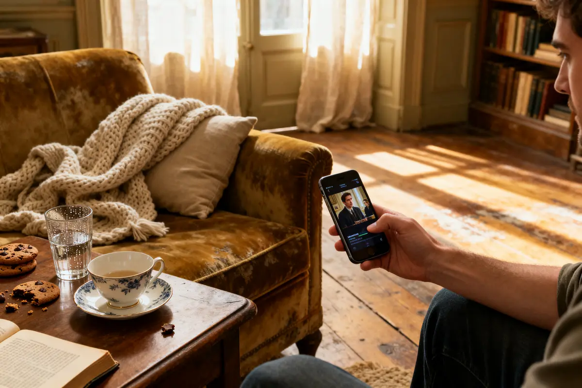 Un homme regarde gofram film sur son téléphone dans un salon cozy.
