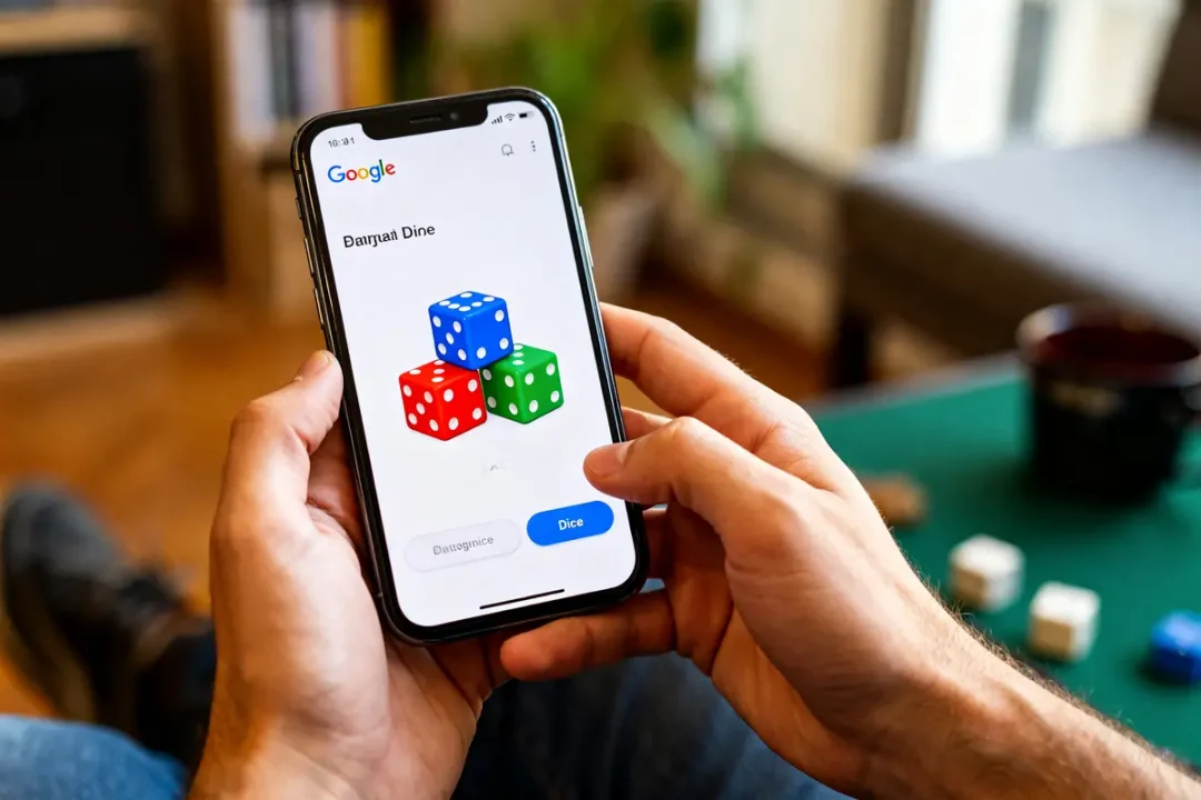 Smartphone affichant l'application pour lancer le dé Google avec dés colorés en image