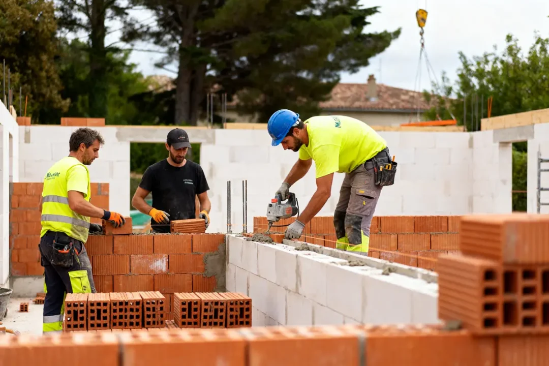 Des ouvriers maussant construisent un mur de briques sur un chantier extérieur
