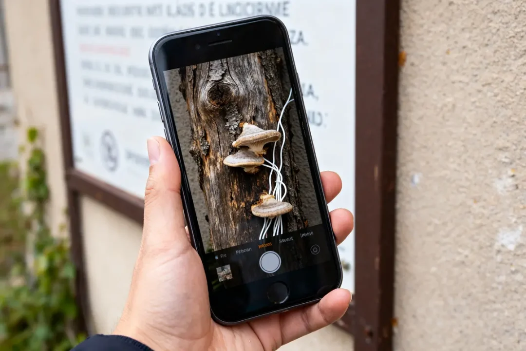 Main photographiant mérule sur bois de chauffage avec smartphone en extérieur