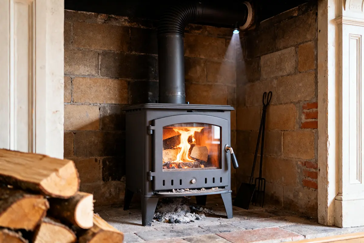 Poele a bois dans cheminée ancienne avec buches empilées et outils de foyer à côté