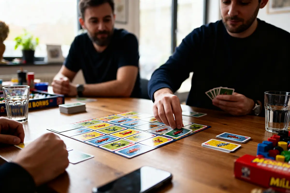 Personnes jouant au Mille Bornes en suivant la règle du jeu Mille Bornes sur table