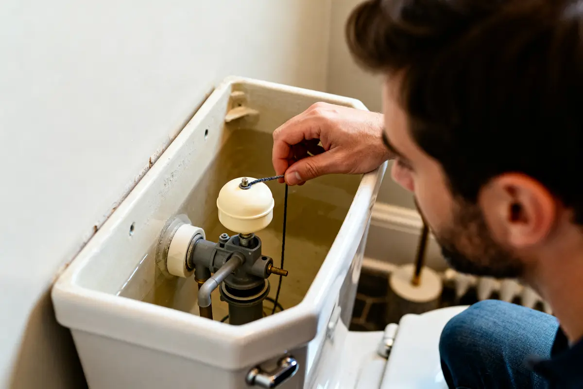 Homme faisant régler flotteur chasse d'eau dans réservoir toilette ouvert avec précision
