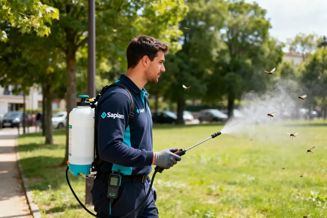 Agent Sapian pulvérise insecticide dans un parc public pour contrôler les pestes volantes
