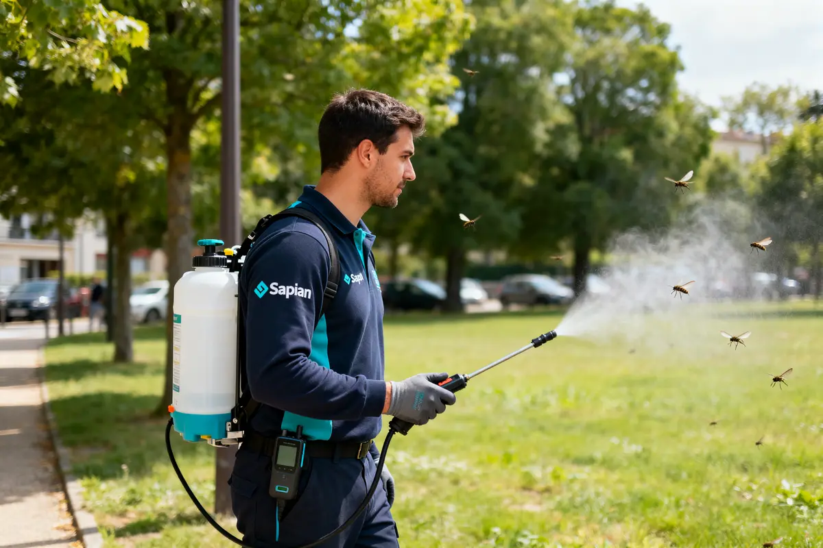 Agent Sapian pulvérise insecticide dans un parc public pour contrôler les pestes volantes