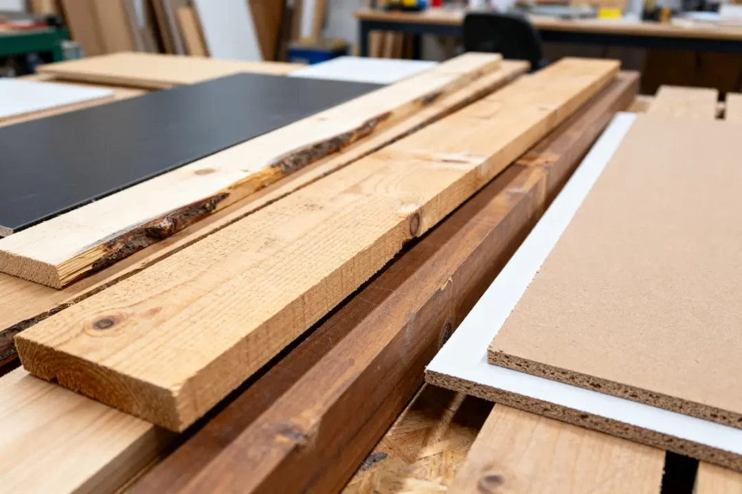 Planches et panneaux de bois divers sur un établi sm bois atelier menuiserie