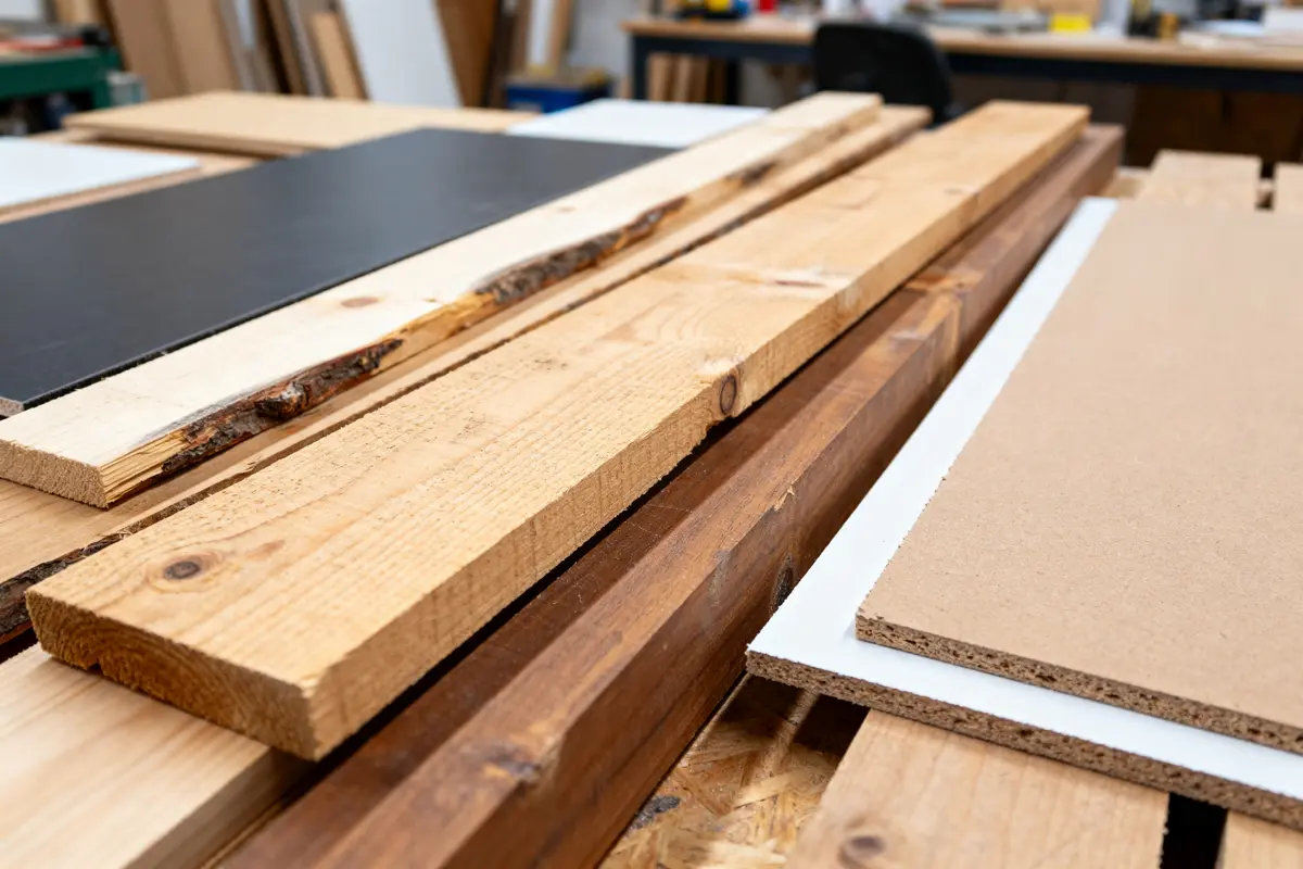 Planches et panneaux de bois divers sur un établi sm bois atelier menuiserie