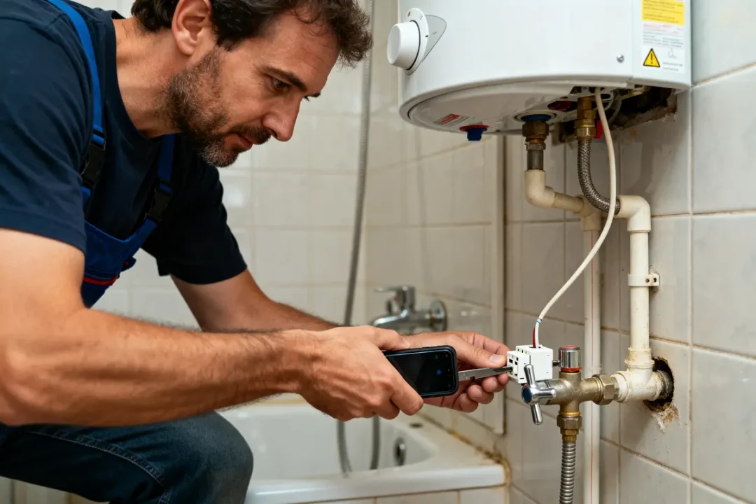 Plombier inspectant le chauffe-eau avant la vidange chauffe eau dans une salle de bain