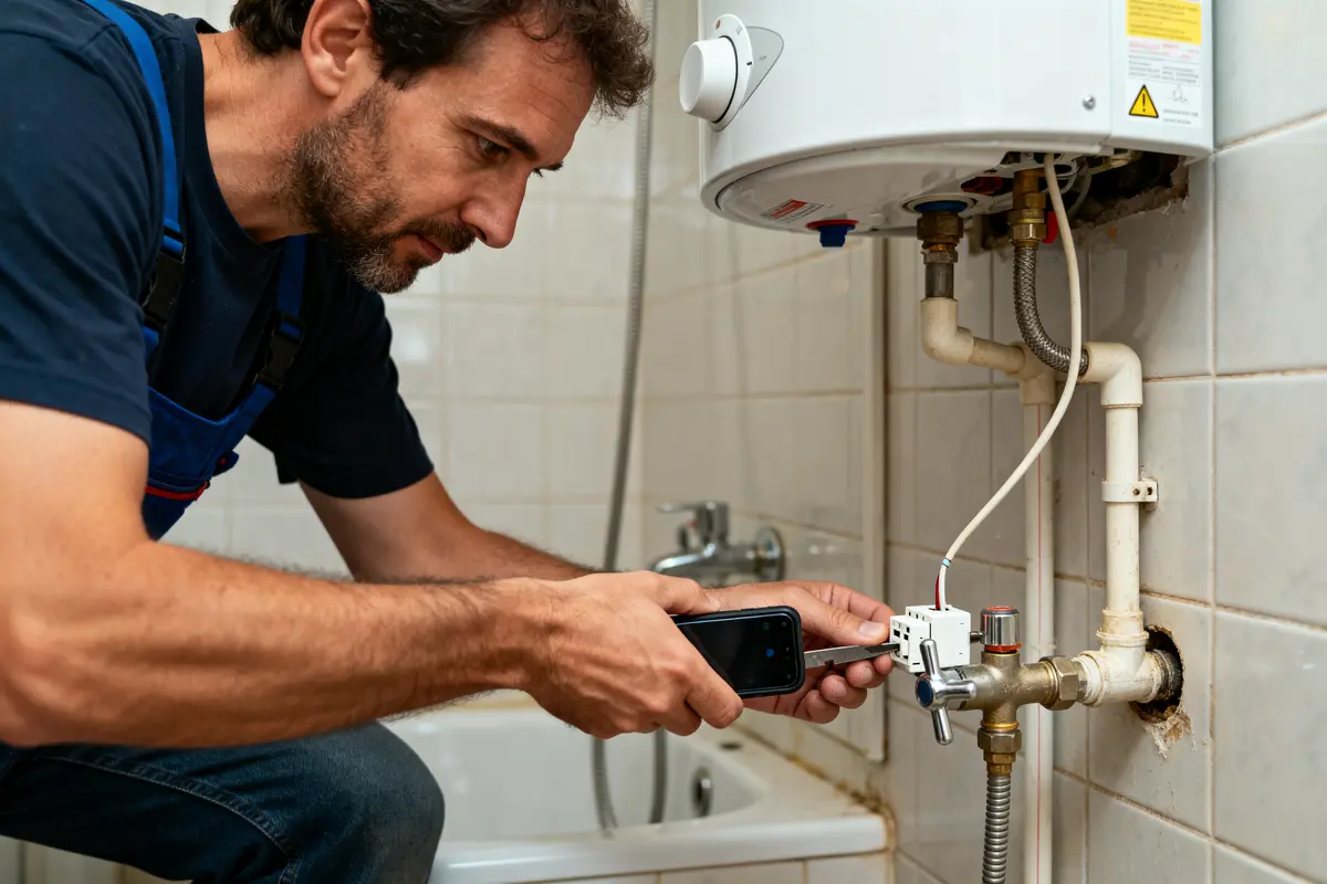Plombier inspectant le chauffe-eau avant la vidange chauffe eau dans une salle de bain
