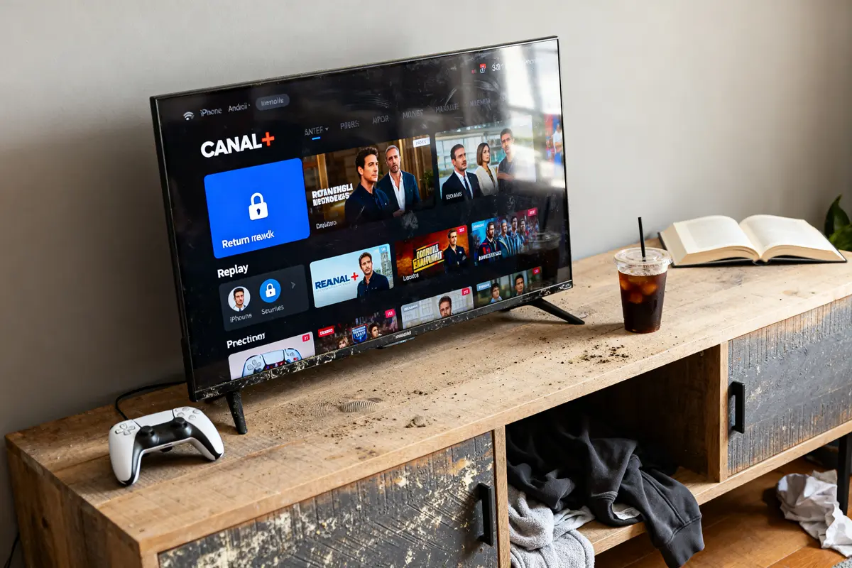 Téléviseur avec menu de Canal+ connecté via Android TV sur un meuble en bois.