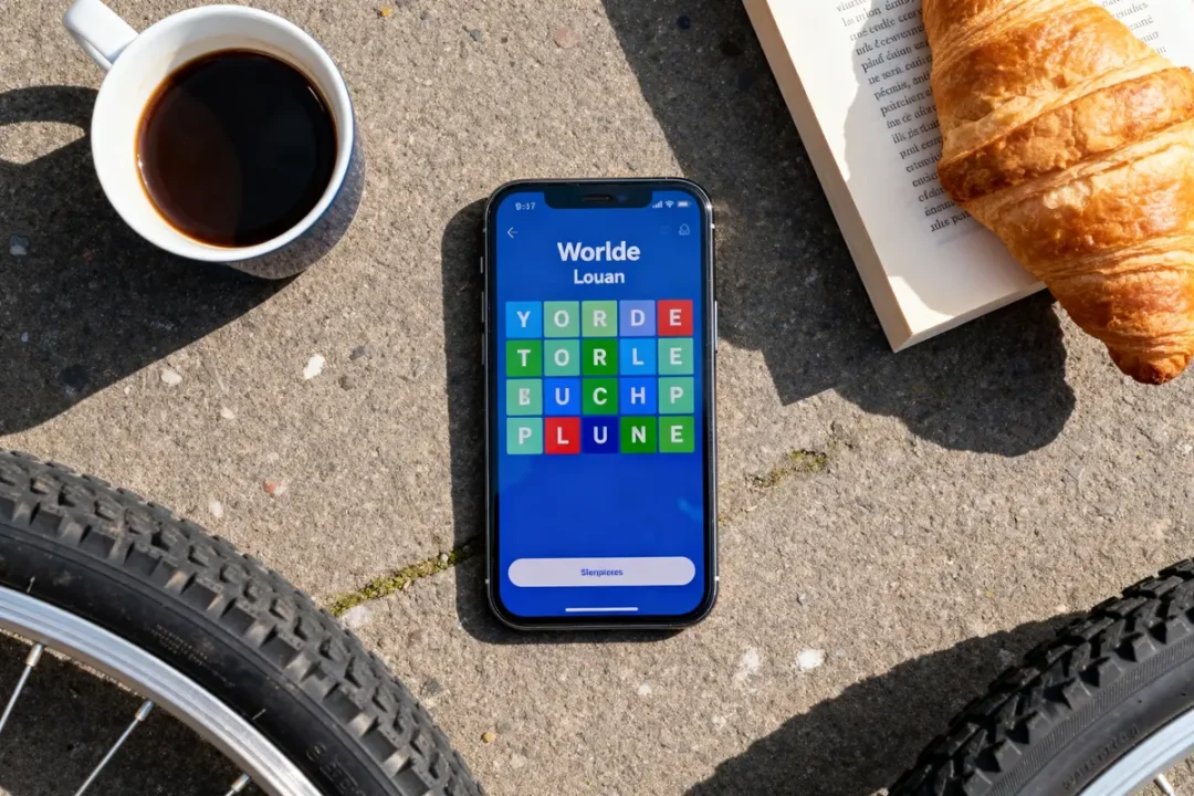 Téléphone avec jeu de mots Wordle Louan, café, croissant et livre sur sol bétonné