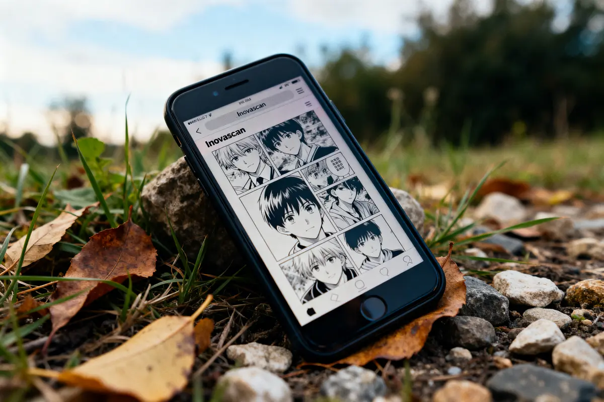 Smartphone affichant des cases de manga numérique en plein air avec bentomanga