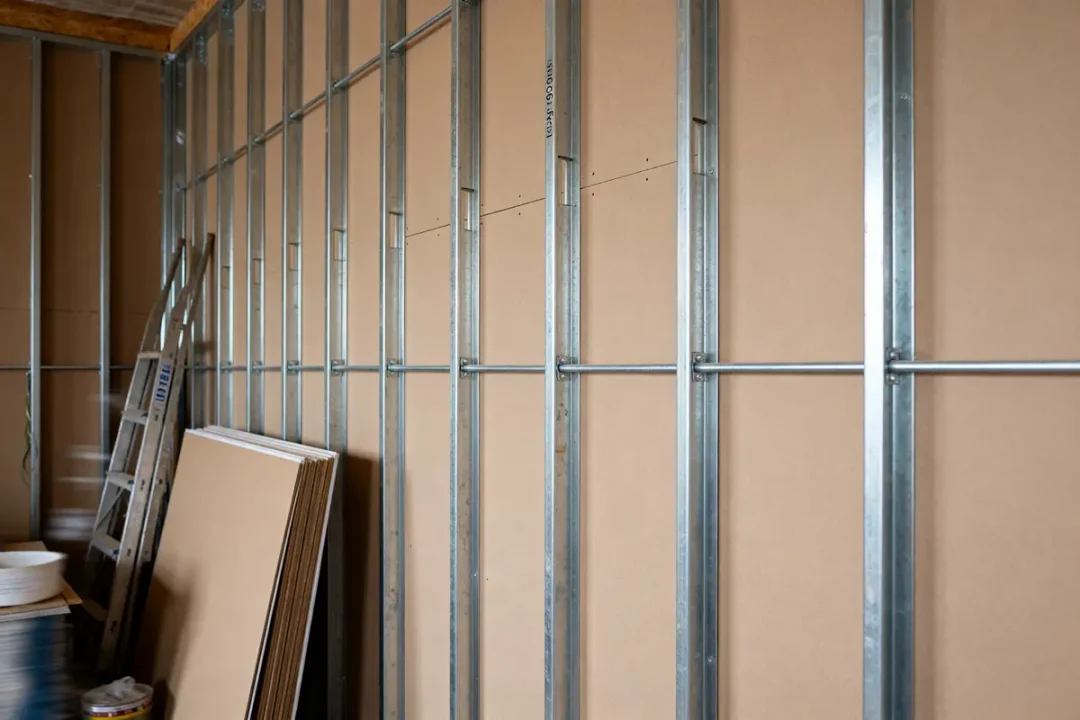 Structure métallique avec plaques de plâtre pour cloison en placo en construction intérieure.